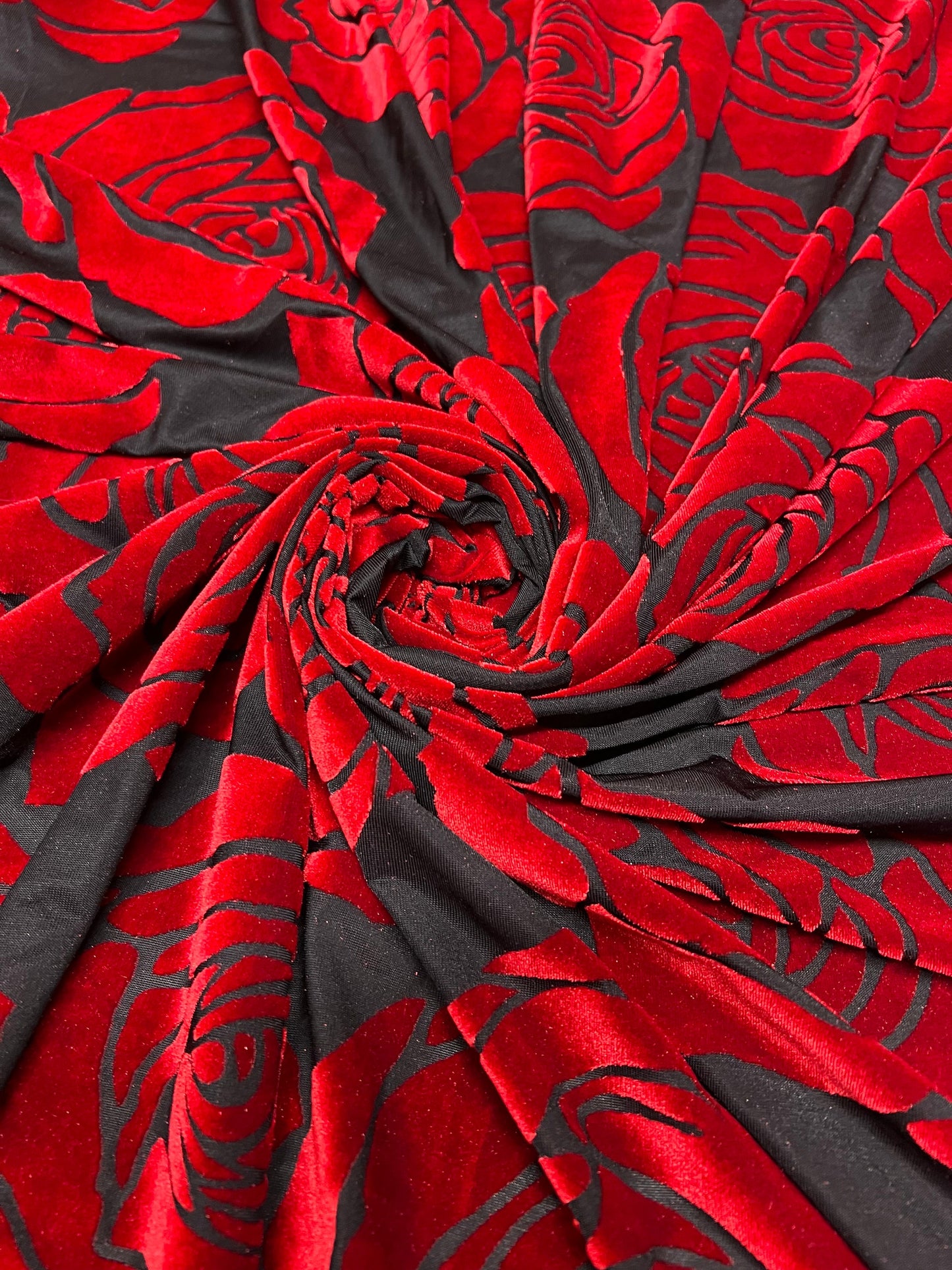 Dk red roses burnout velvet 4-stretch 58/60”sold by the YD. ships worldwide from Los Angeles California USA