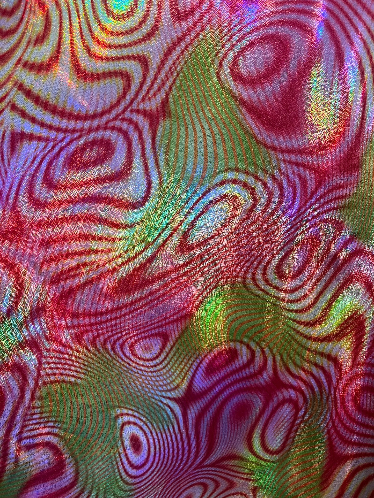 Abstract lava design lacer hologram metallic nylon spandex 4-way stretch 58/60”sold by the YD.Ships worldwide from Los Angeles California.