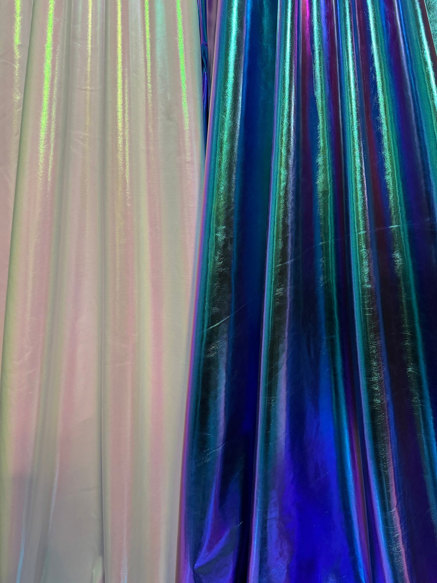 New iridescent all over foil design metallic nylon spandex 4-stretch 58/60”Sold by the YD.Ships worldwide from Los Angeles California USA.