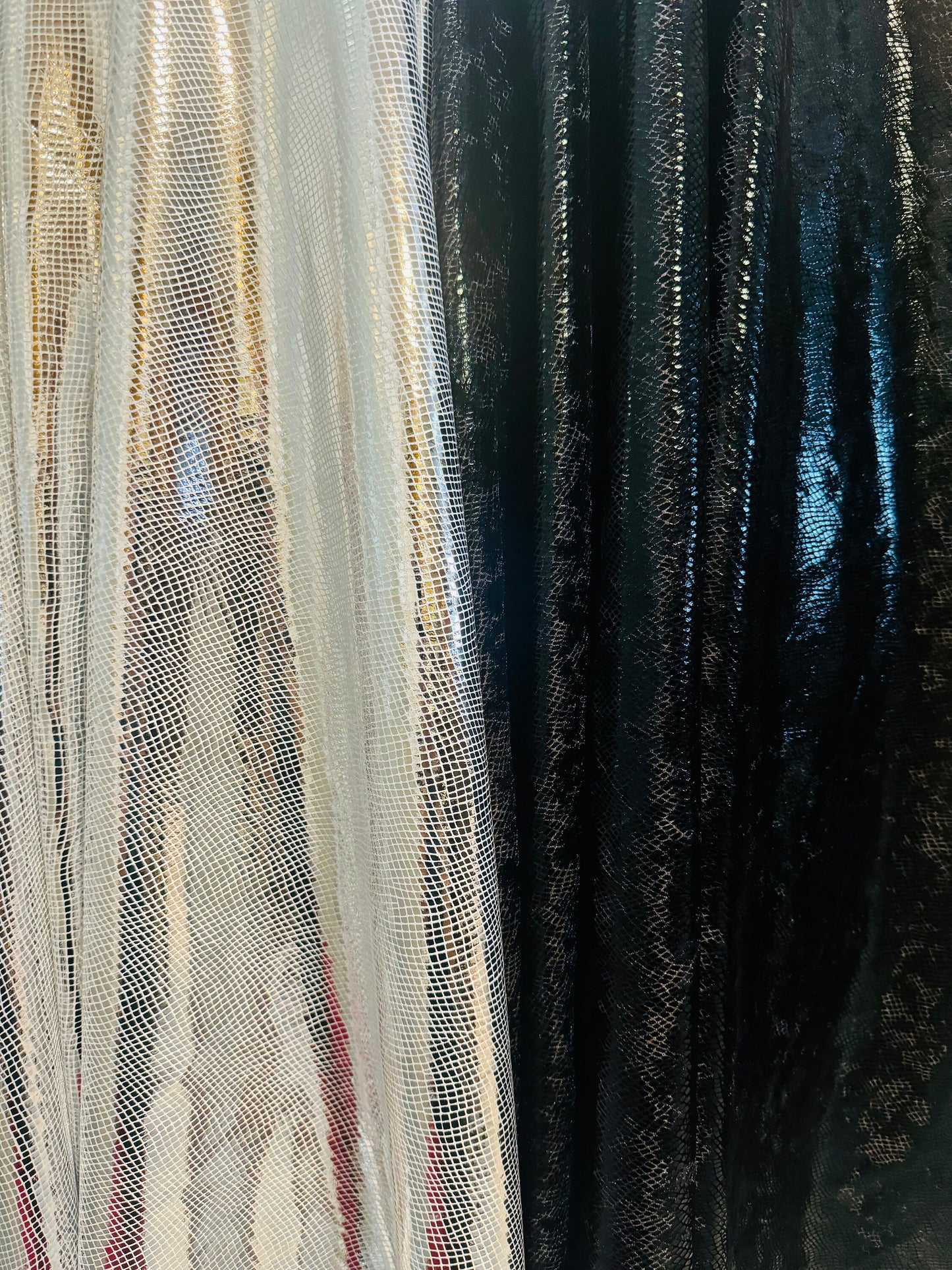 New Reptile Scales design print on metallic stretch velvet poly spandex 4way stretch 58/60” by the YD.Ships worldwide from Los Angeles CA.
