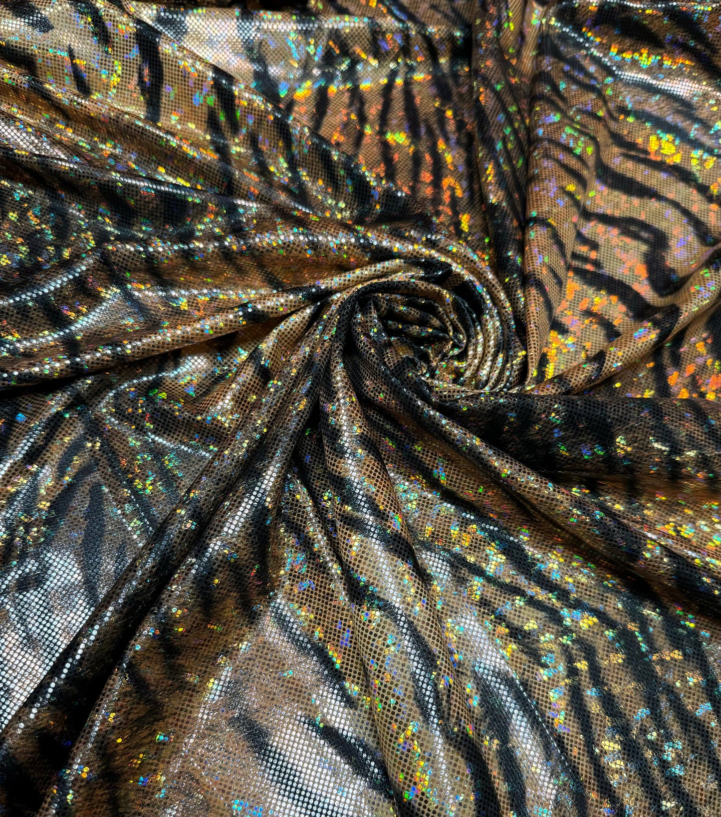 Luxury Exotic tiger design print on shattered glass holograma metallic nylon spandex 4way stretch 58/60”Sold by the YD.