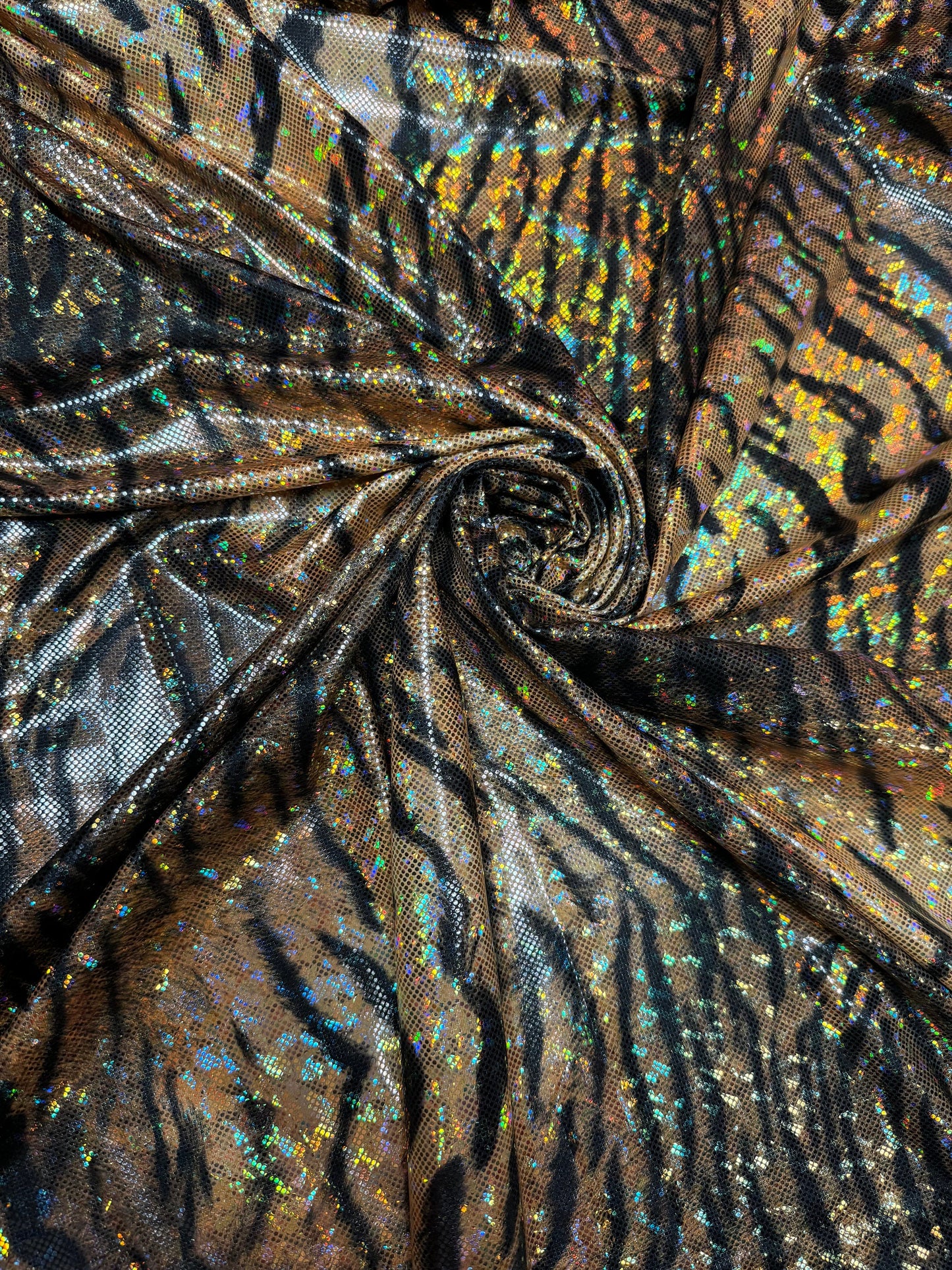 Luxury Exotic tiger design print on shattered glass holograma metallic nylon spandex 4way stretch 58/60”Sold by the YD.