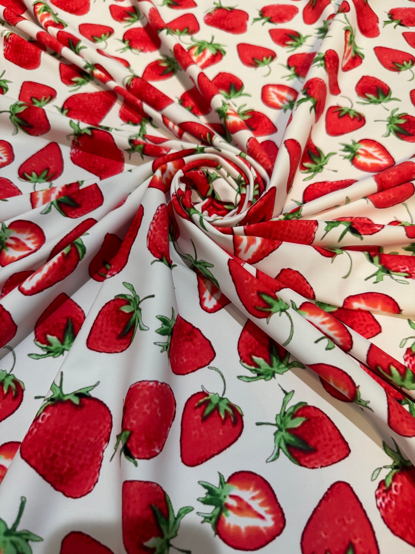 Sweet strawberry design print on the best quality of nylon spandex 4-way stretch 58/60”sold by the YD.Ships Worldwide from Los Angeles CA.