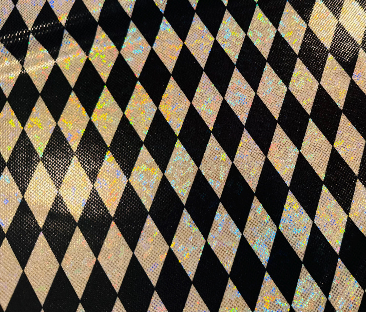 New Harlequin Diamonds design print on shattered glass holograma metallic nylon spandex 4way stretch 58/60”Sold by the YD.