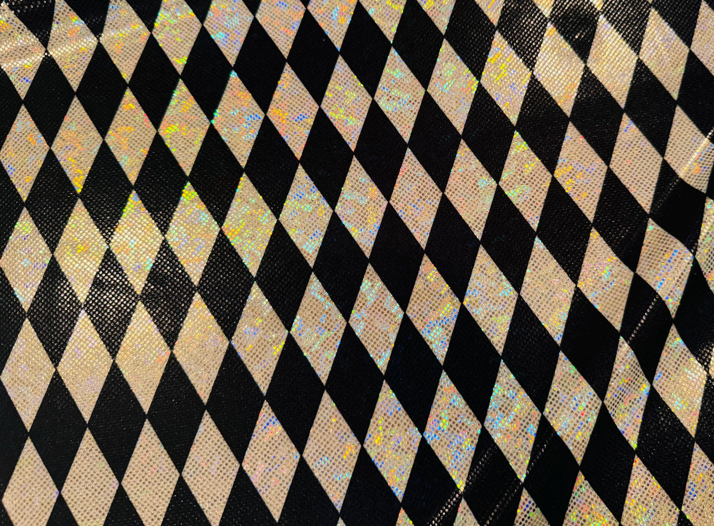 New Harlequin Diamonds design print on shattered glass holograma metallic nylon spandex 4way stretch 58/60”Sold by the YD.