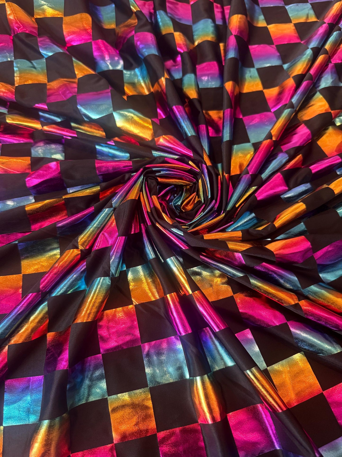 New Metallic Checkered design design print on poly spandex 2-way stretch 58/60”sold by the YD.Ships worldwide from Los Angeles CA
