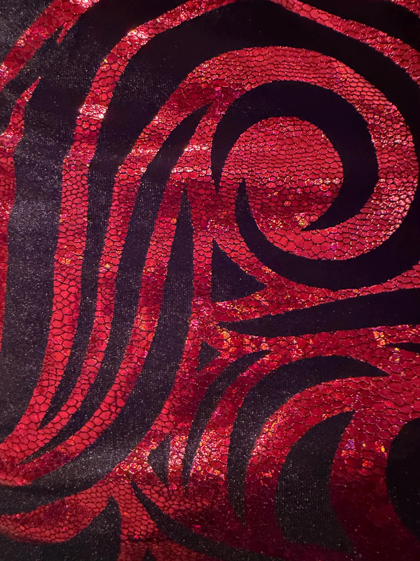 New luxury swirl hologram metallic design on stretch velvet 4-way stretch 58/60”sold by the YD. Ships worldwide from Los Angeles California