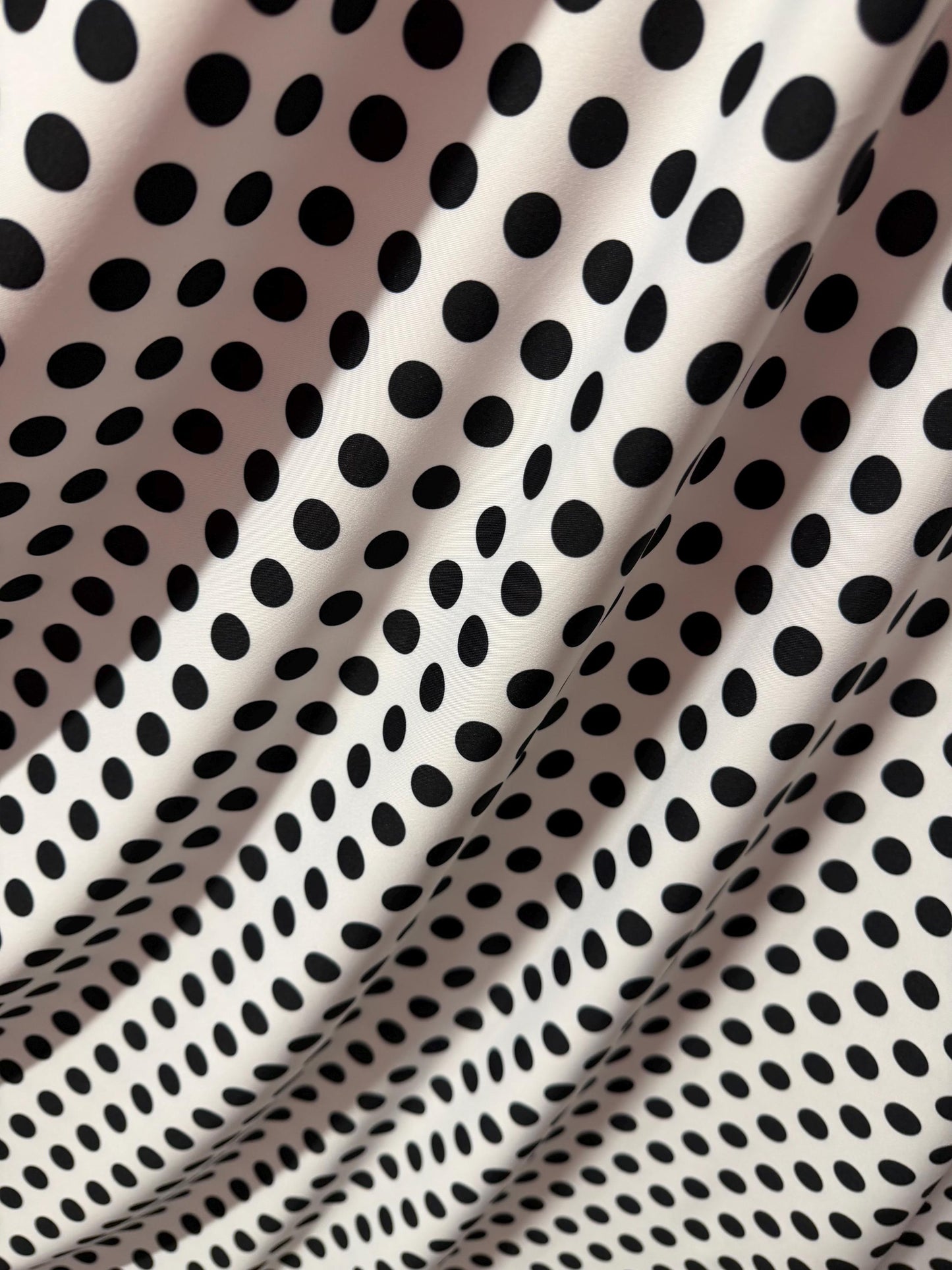 NEW Polka dots white/black design print on best quality of nylon spandex 4-way stretch 58/60”sold by the YD. ships Worldwide from LA.