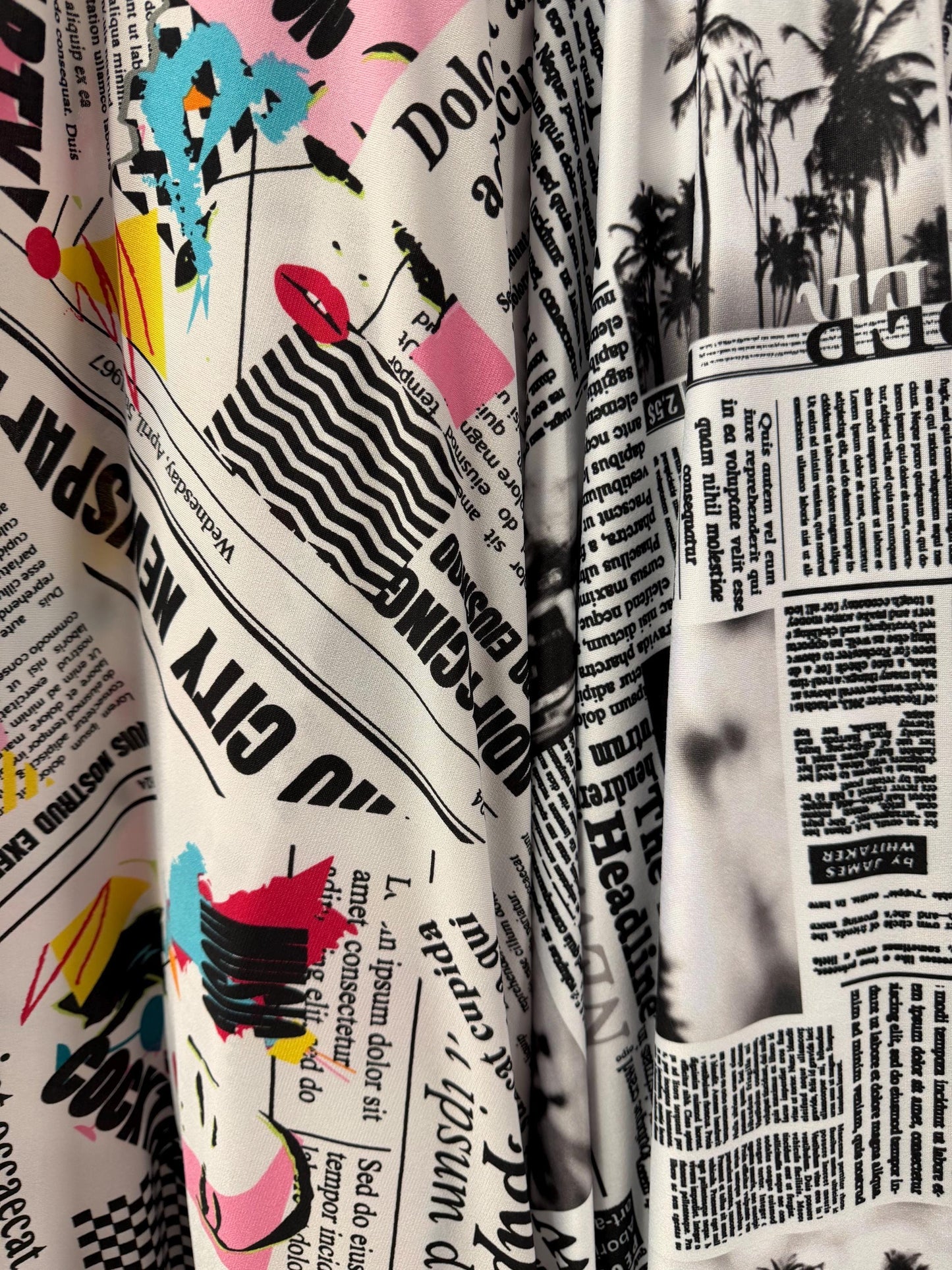 Retro Newspaper pattern design print on poly spandex 4-way stretch 58/60”Sold by the YD. Ships worldwide from Los Angeles California USA