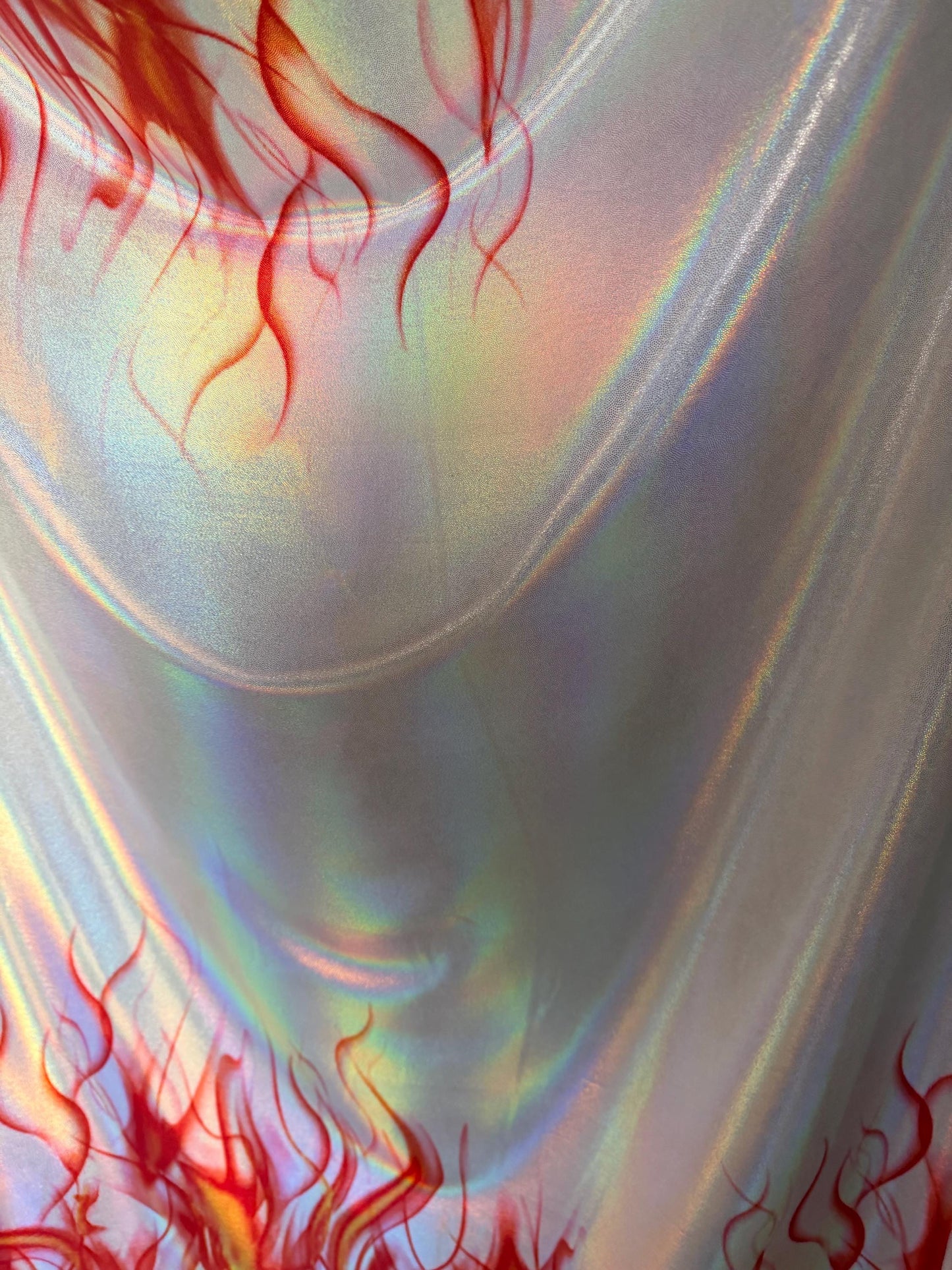 New Modern flames design print on lacer hologram metallic nylon spandex 4-way stretch 58/60”sold by the YD.Ships worldwide from Los Angeles
