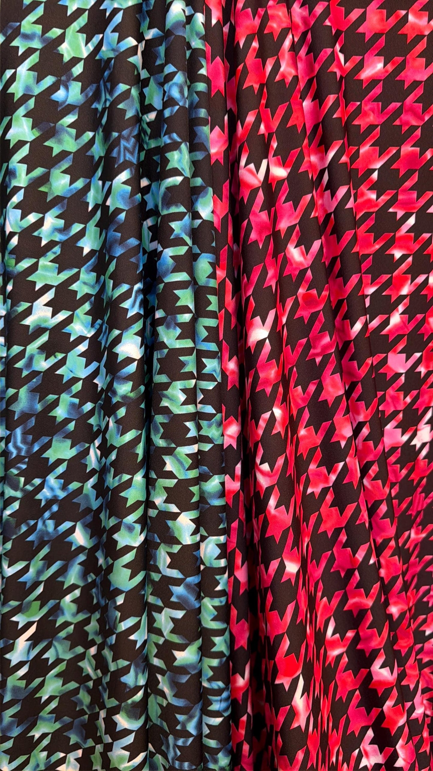 New tie dye houndstooth design print on nylon spandex 4-way stretch 58/60”sold by the YD. ships worldwide from Los Angeles California USA