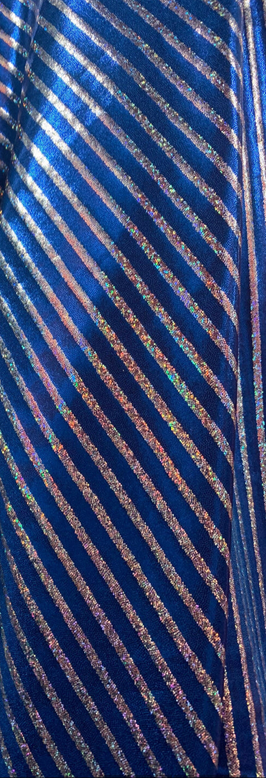 Metallic spandex stripes design w/ hologram foil 4-Stretch 58/60”sold by the YD. ships worldwide from Los Angeles California USA.