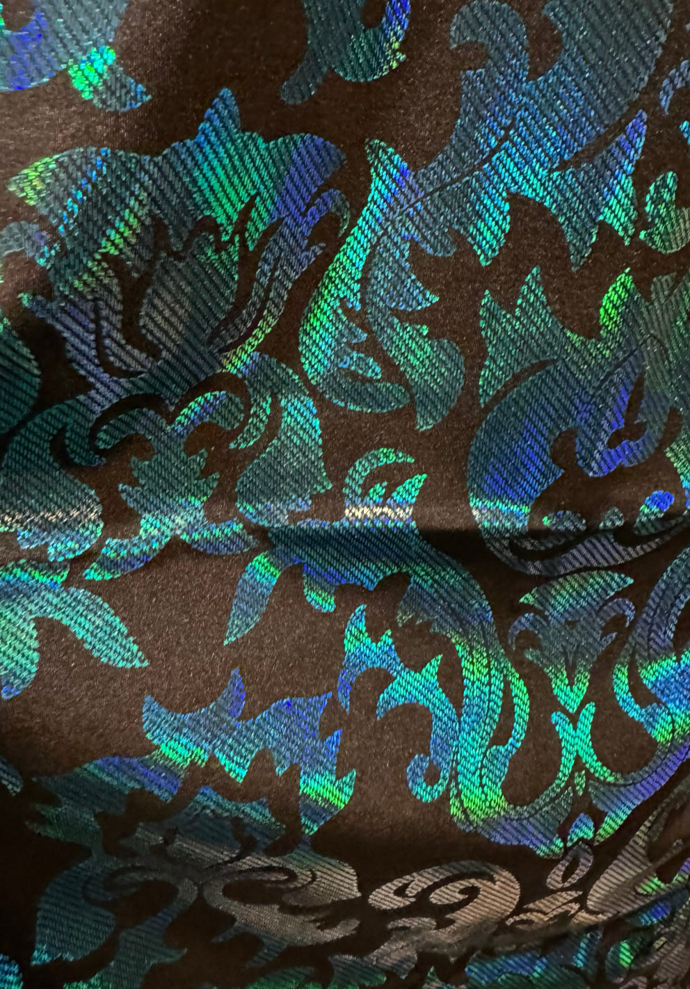 New iridescent damask design hologram metallic nylon spandex 4-way stretch 58/60”Sold by the YD.Ships worldwide from Los Angeles California