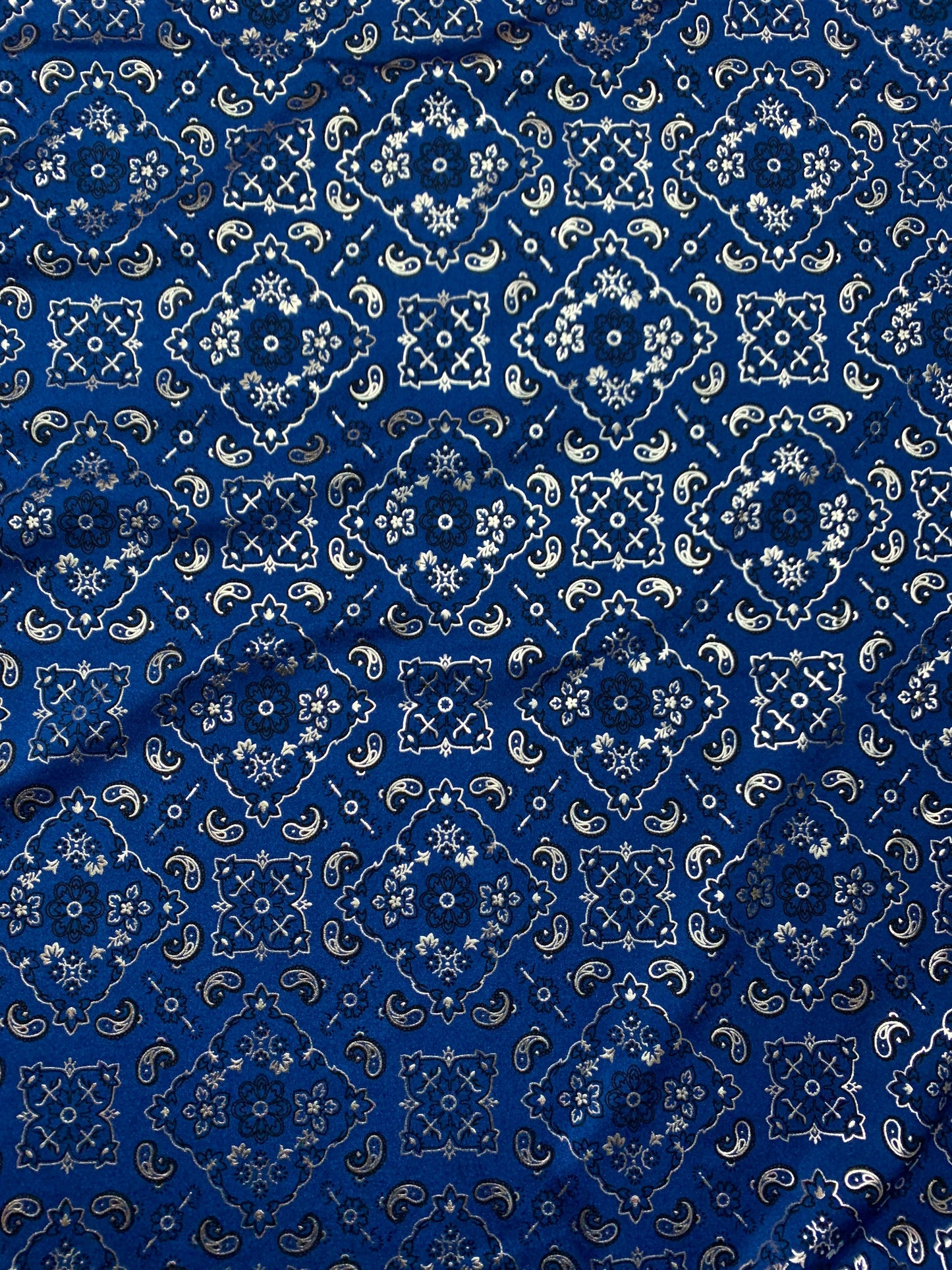 Modern bandana design great metallic nylon spandex 4-way stretch 58/60”ships worldwide from Los Angeles California USA.