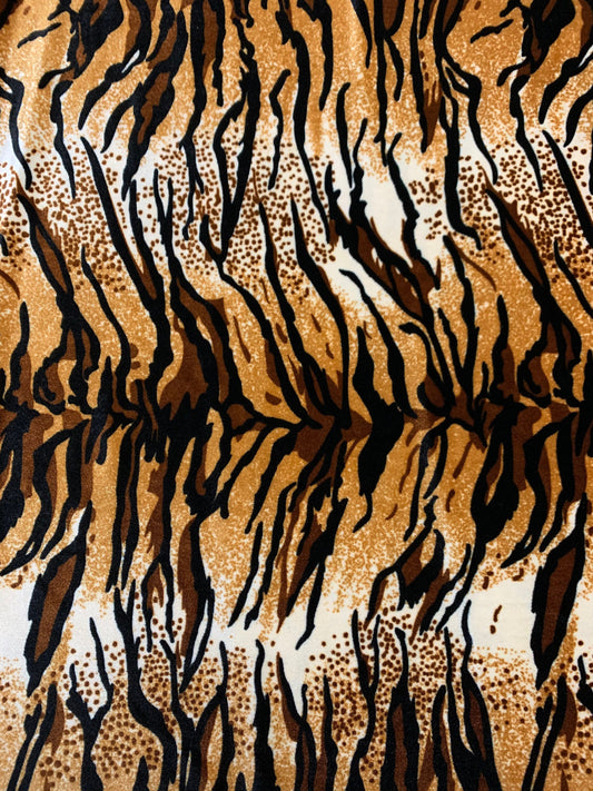 Safari tiger design brown/gold heavy stretch velvet 4-way 420 gms 58/60”sold by the YD. ships worldwide from Los Angeles California USA.