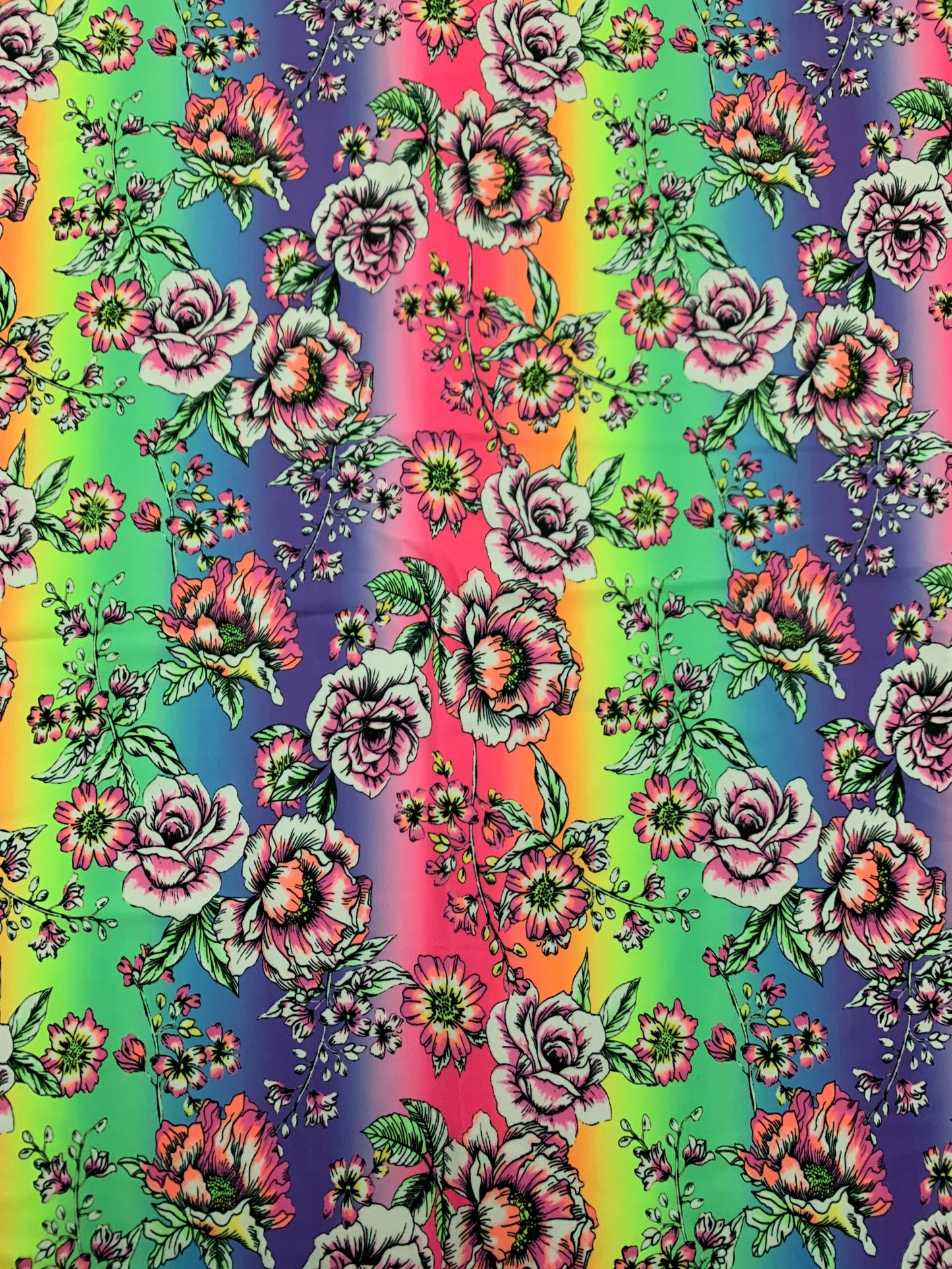 Rainbow and roses design print on the best quality nylon spandex 4-way stretch 58/60”sold by the DY. Ships Worldwide from Los  Angeles CA.