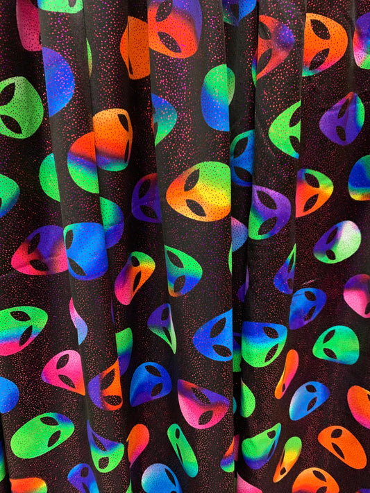 Great colorful martians design with foggy foil print on nylon spandex 4way stretch 58/60”sold by the YD.ships worldwide from Los Ángeles CA