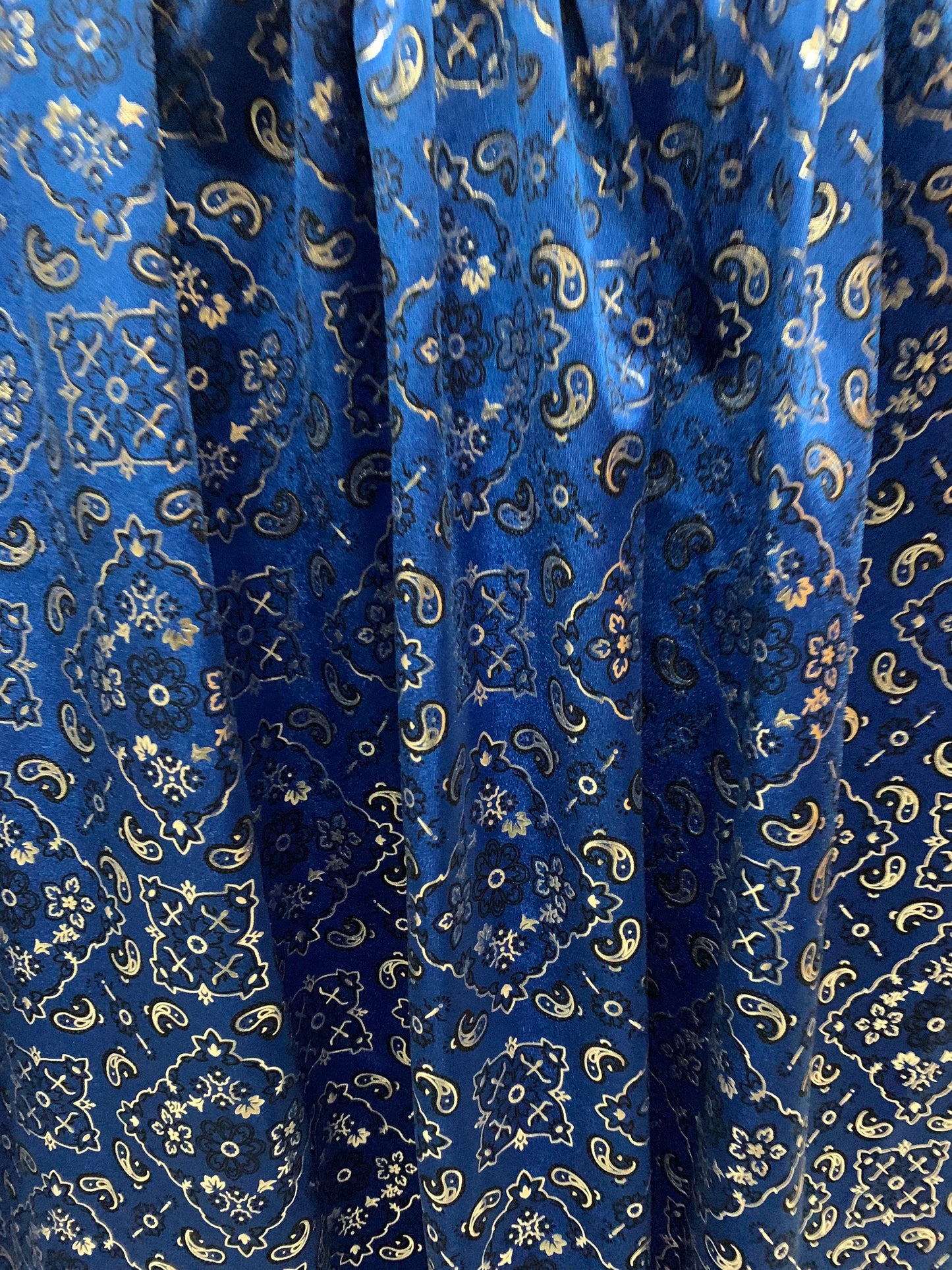 Modern bandana design great metallic nylon spandex 4-way stretch 58/60”ships worldwide from Los Angeles California USA.