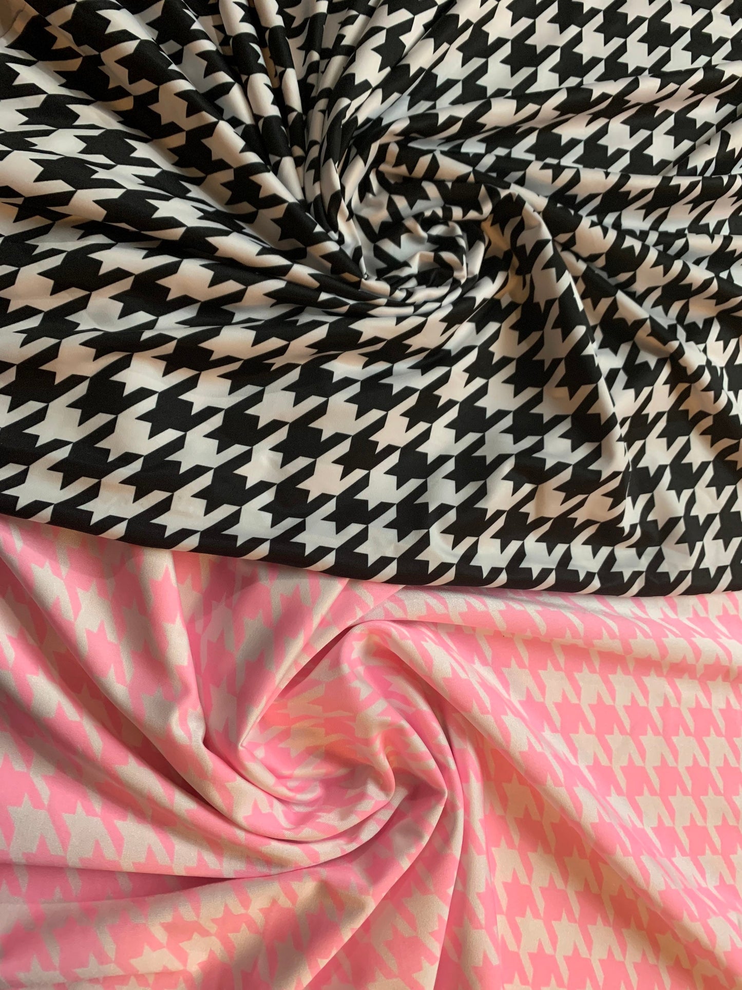 Modern houndstooth design print on nylon spandex 4-way stretch 58/60”sold by the YD. ships worldwide from Los Angeles California USA