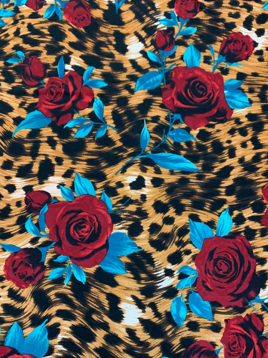 Red roses on leopard design print on poly spandex 4-way stretch 58/60”sold by the YD. ships Worldwide from Los Angeles California USA