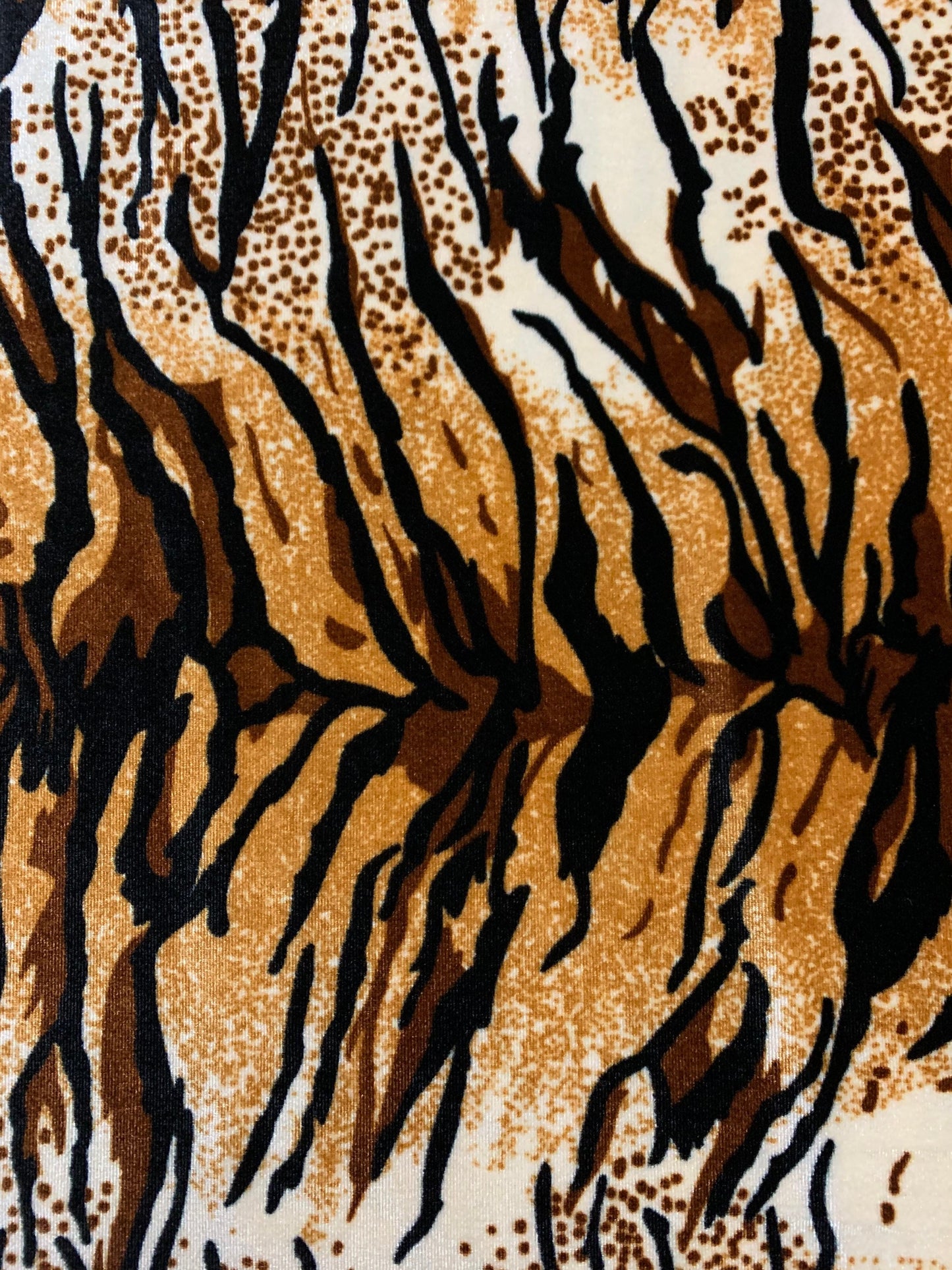 Safari tiger design brown/gold heavy stretch velvet 4-way 420 gms 58/60”sold by the YD. ships worldwide from Los Angeles California USA.