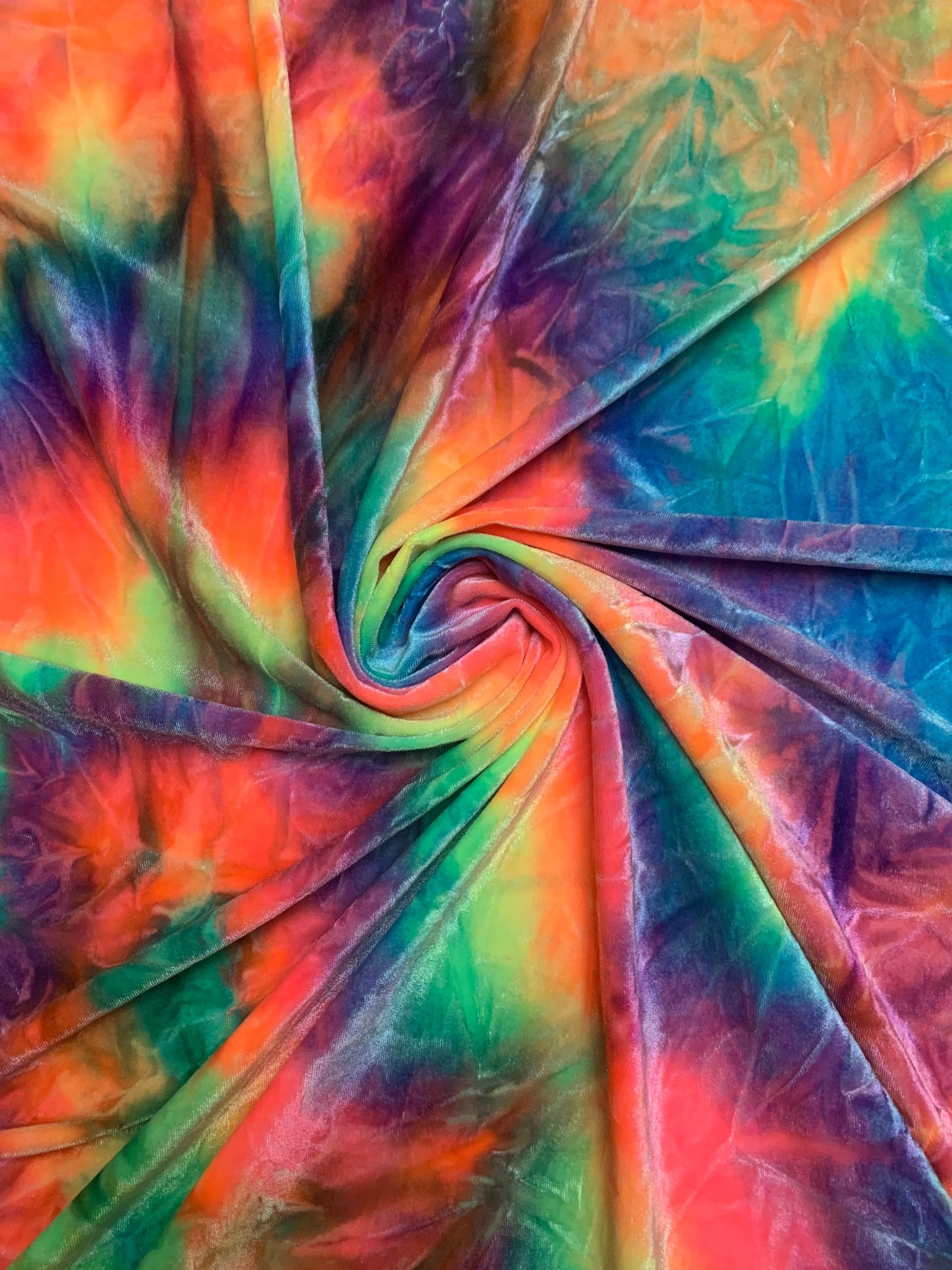 Colorful luxury stretch velvet tie dye 4-way stretch 58/60”sold by the YD. ships worldwide from Los Ángeles California USA.