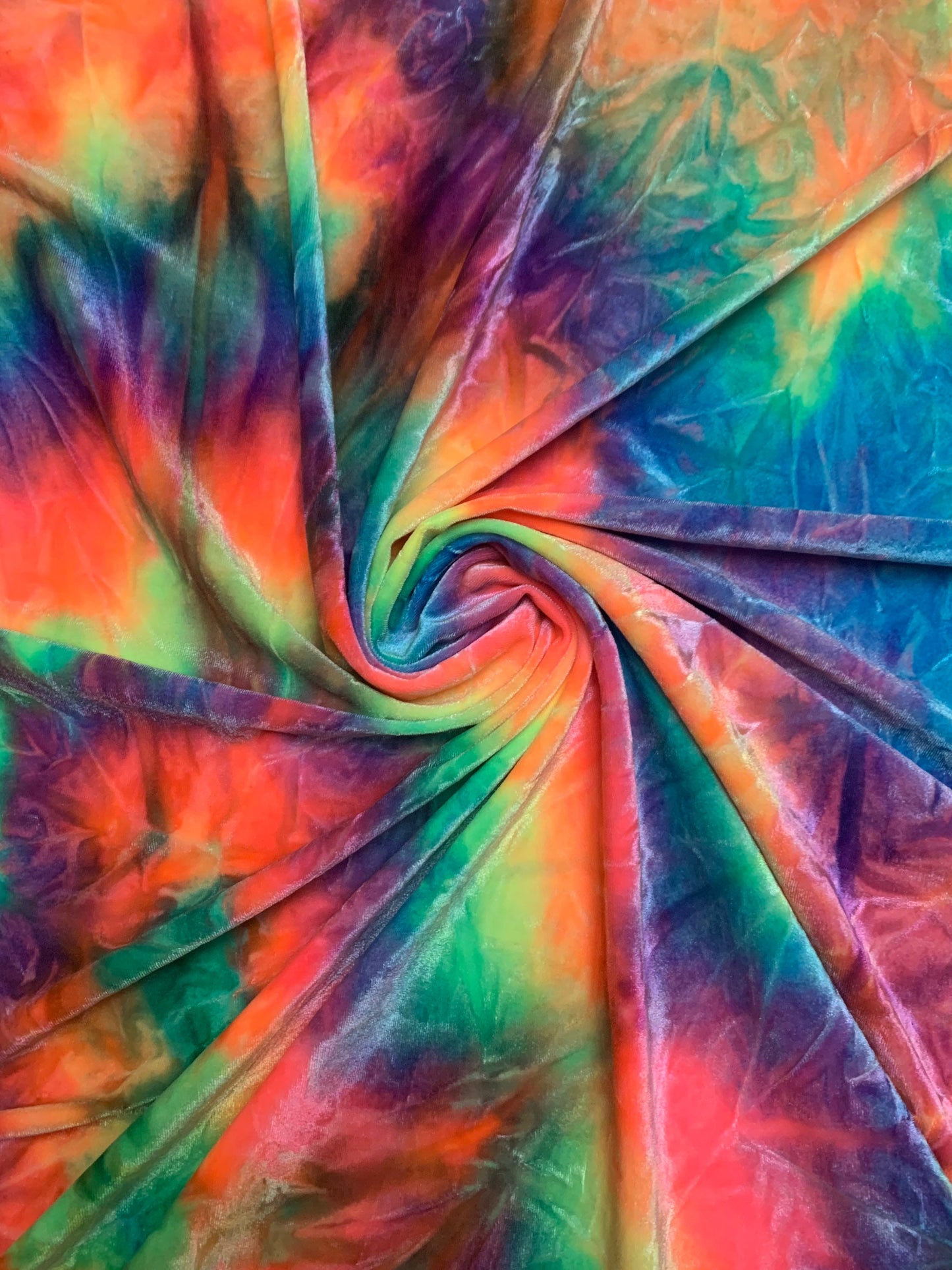 Colorful luxury stretch velvet tie dye 4-way stretch 58/60”sold by the YD. ships worldwide from Los Ángeles California USA.