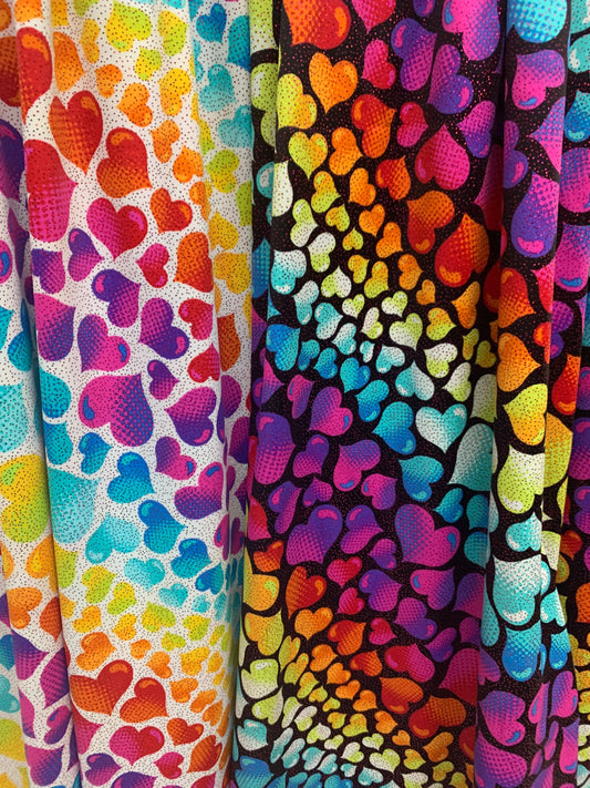 Bright colored hearts design w/foil print nylon spandex 4-way stretch58/60”sold by the YD. ships Worldwide from Los Ángeles CA.