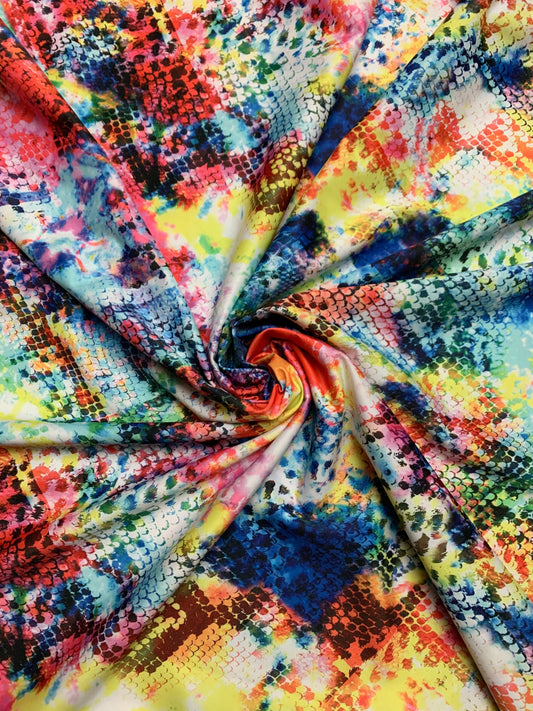 New Anaconda tie dye design print on the nylon spandex 4-way stretch 58/60”sold by the YD.ships worldwide from Los Angeles California USA.