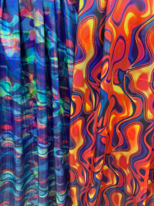 New lava design digital foil print lacer hologram metallic nylon spandex 4-way stretch58/60”sold by the YD.ships worldwide from Los Ángeles