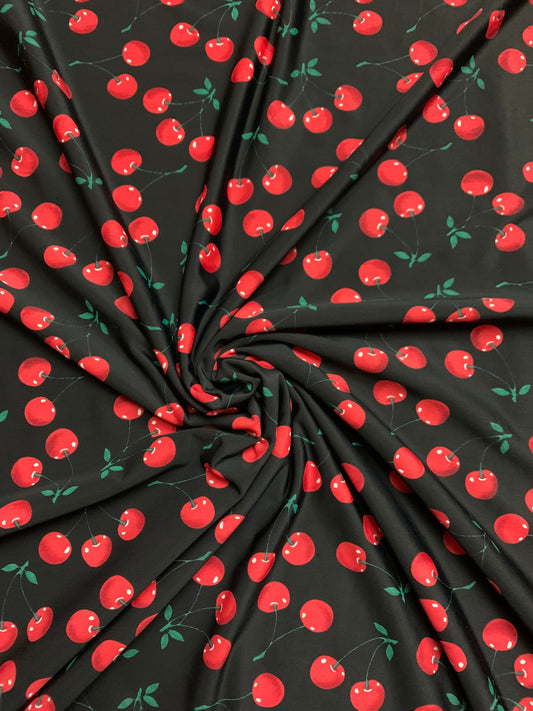 New cherry design print on the best quality nylon 4-way stretch 58/60 sold by DY. Ships Worldwide from Los Angeles California USA