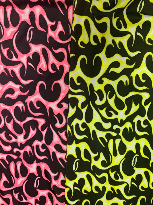Fire flames design Neon colors print on the best quality of nylon spandex 4-way stretch 59/60”sold by the YD. ships worldwide from L.A CA