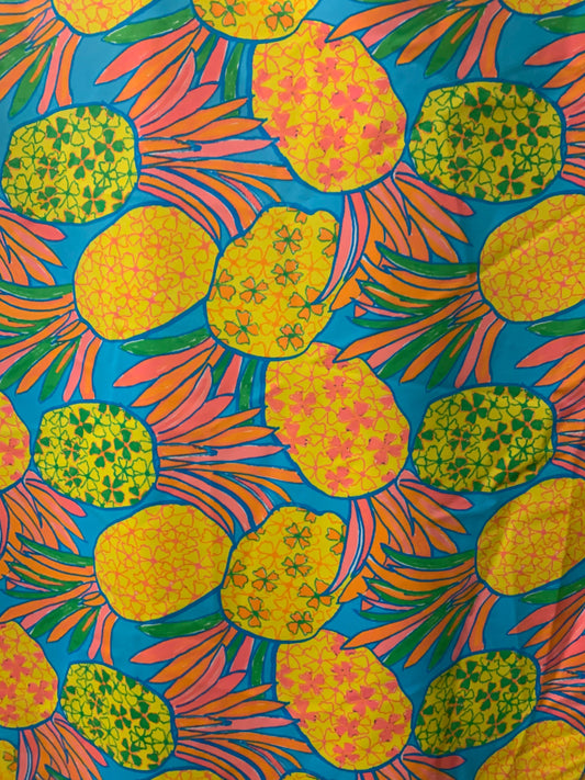 Colorful pineapple design print on the best quality of nylon spandex 4-way stretch 58/60”sold by the YD.ships worldwide from Los Angeles CA.