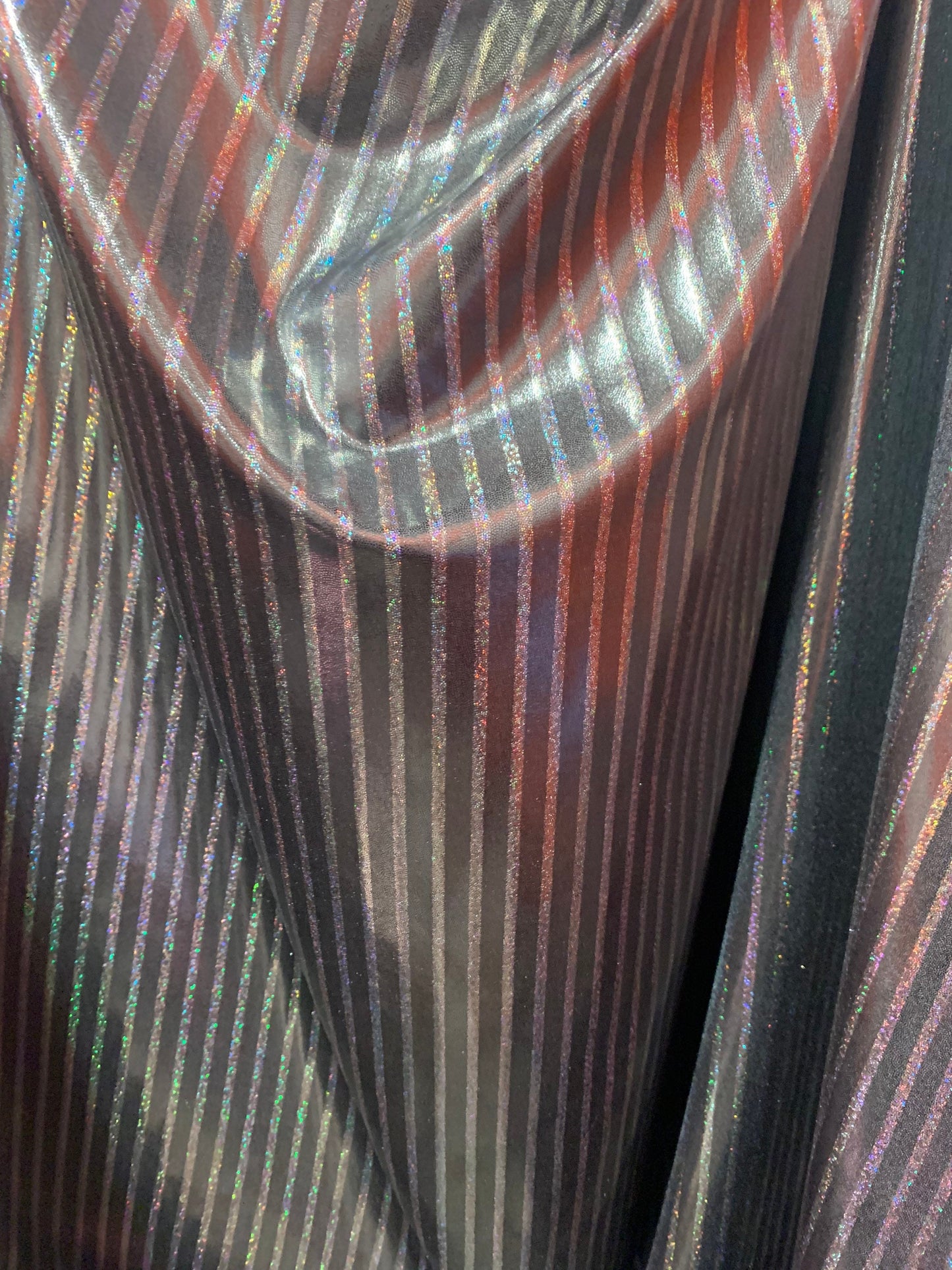 Metallic spandex stripes design w/ hologram foil 4-Stretch 58/60”sold by the YD. ships worldwide from Los Angeles California USA.