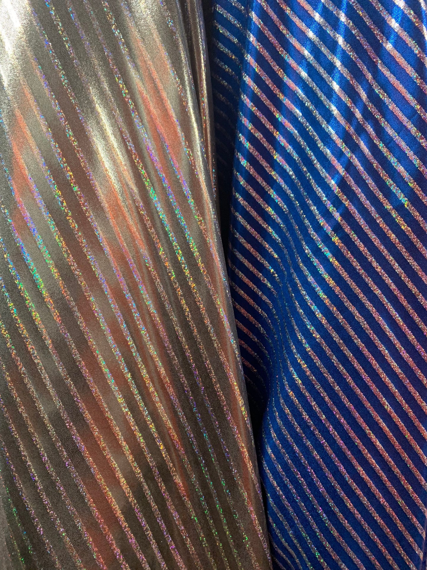 Metallic spandex stripes design w/ hologram foil 4-Stretch 58/60”sold by the YD. ships worldwide from Los Angeles California USA.