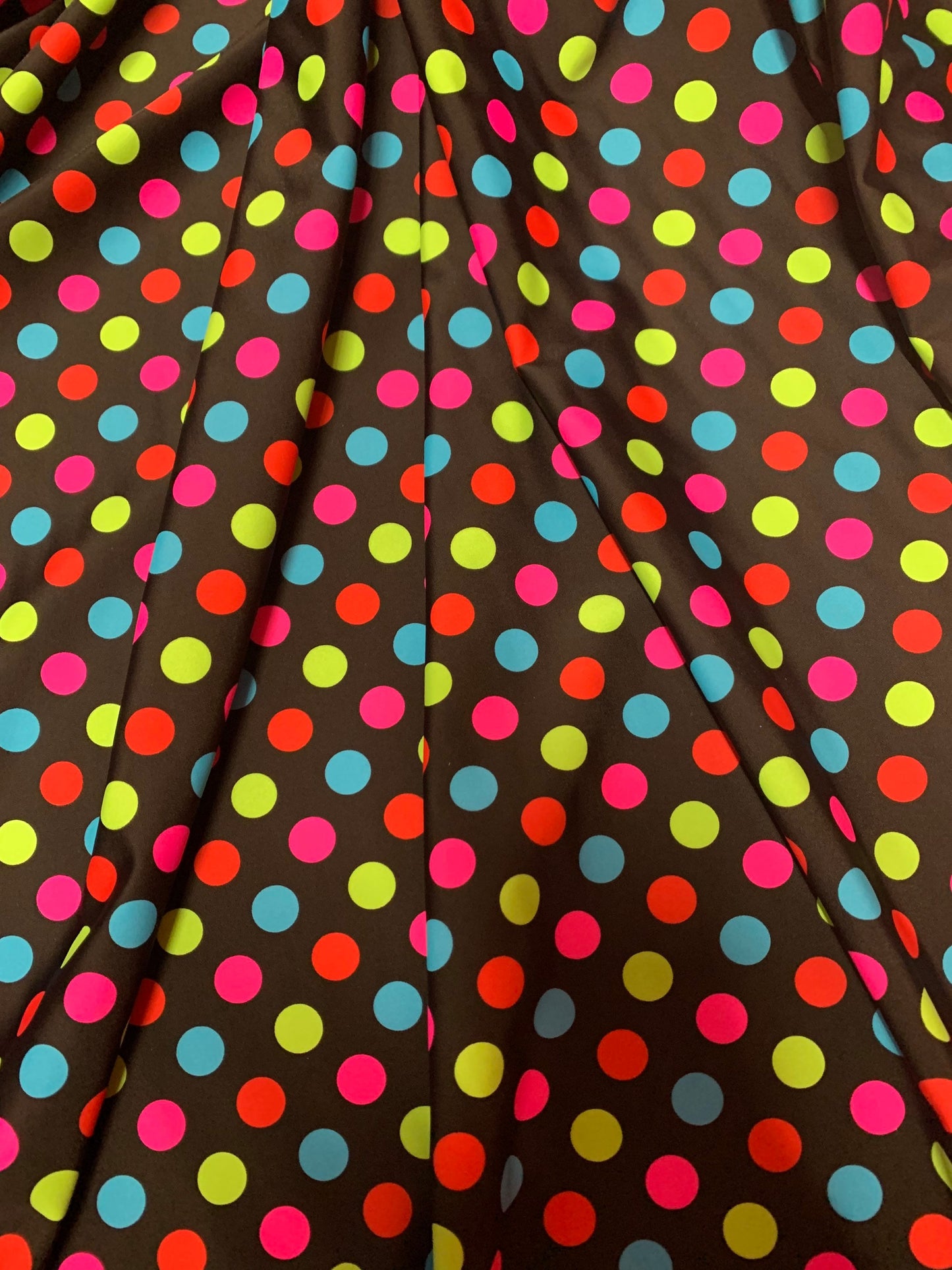 Colorful polka dot design print on the best quality of nylon spandex 4-stretch 58/60”sold by the YD.Ships worldwide from Los Angeles CA USA.