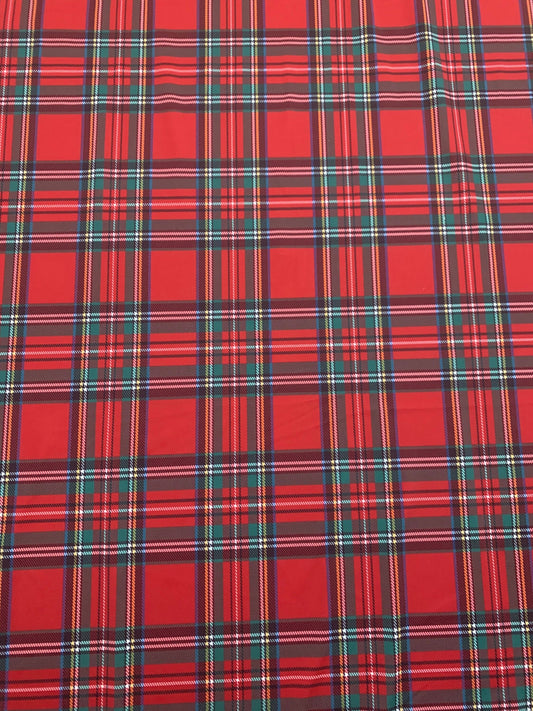 Red & green tartan plaid design print on nylon spandex 4-way stretch 58/60”sold by the YD. ships worldwide from  Los Angeles California USA.