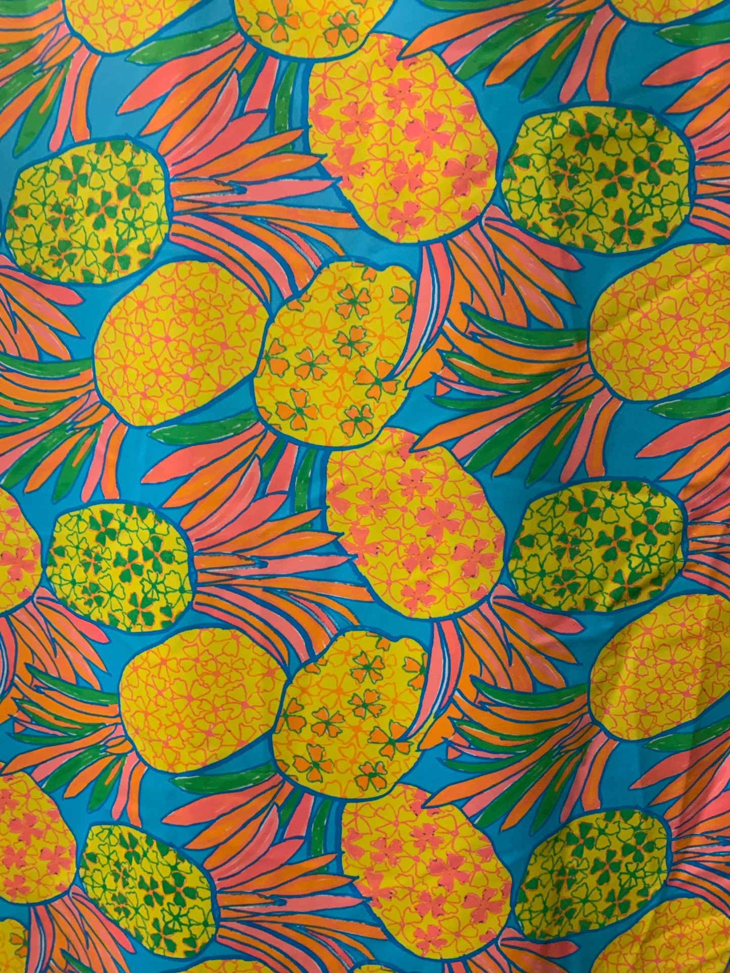 Colorful pineapple design print on the best quality of nylon spandex 4-way stretch 58/60”sold by the YD.ships worldwide from Los Angeles CA.