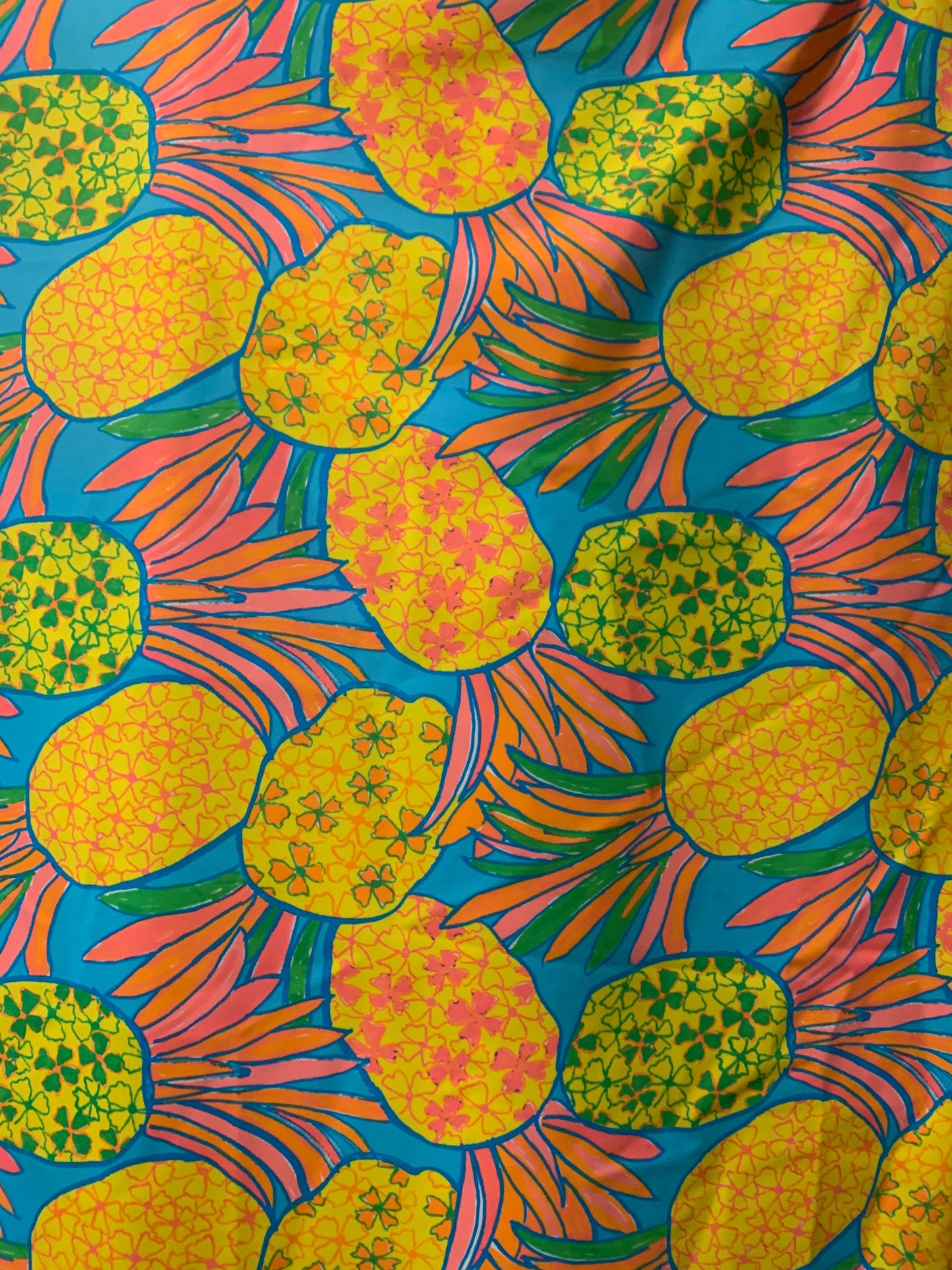 Colorful pineapple design print on the best quality of nylon spandex 4-way stretch 58/60”sold by the YD.ships worldwide from Los Angeles CA.