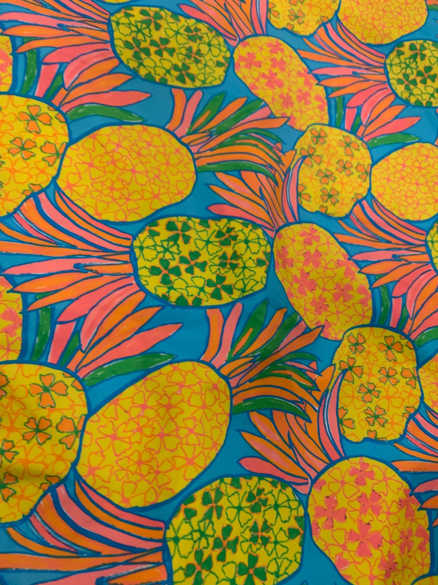 Colorful pineapple design print on the best quality of nylon spandex 4-way stretch 58/60”sold by the YD.ships worldwide from Los Angeles CA.