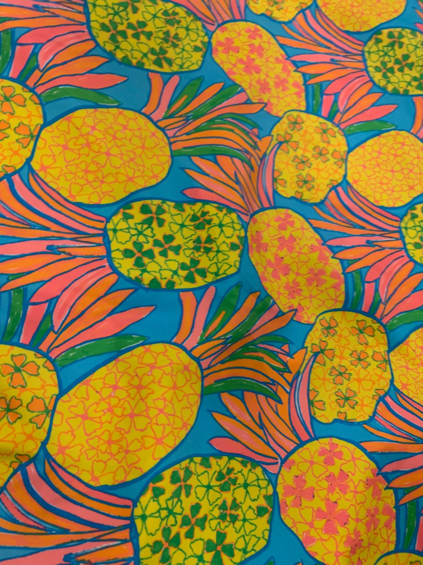 Colorful pineapple design print on the best quality of nylon spandex 4-way stretch 58/60”sold by the YD.ships worldwide from Los Angeles CA.