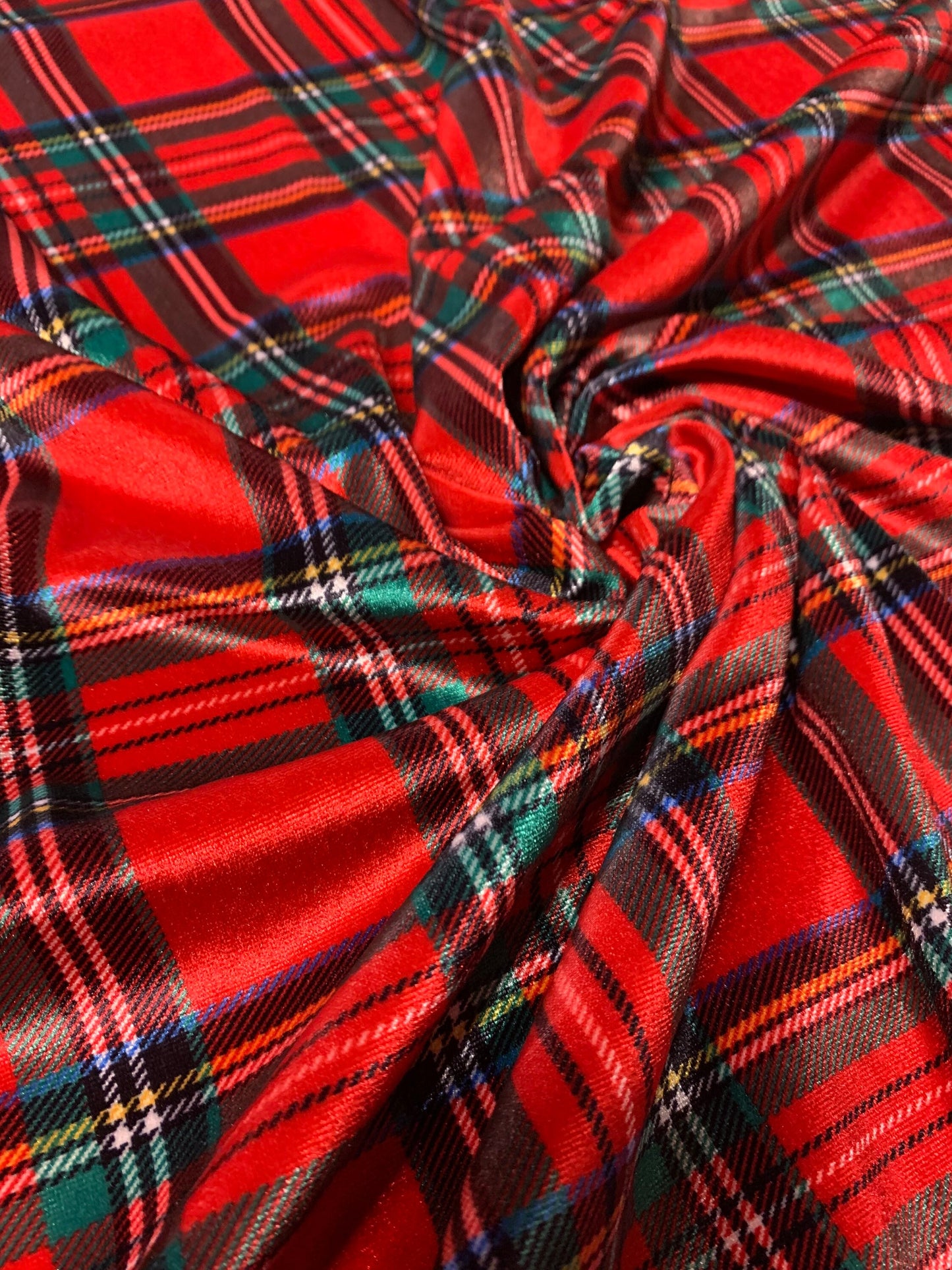 Christmas plaid design print on heavy stretch velvet 4way-stretch 58/60”sold by the YD. Ships Worldwide from Los Angeles California USA