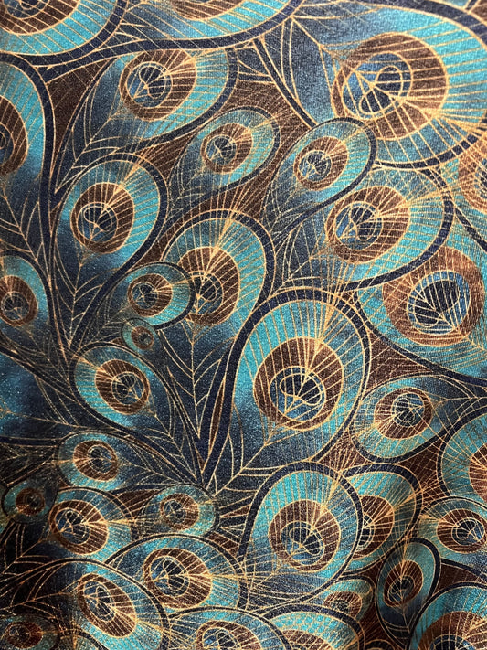 New stretch velvet peacock design 4-way stretch 58/60”sold by the YD. Ships Worldwide from Los Angeles California USA