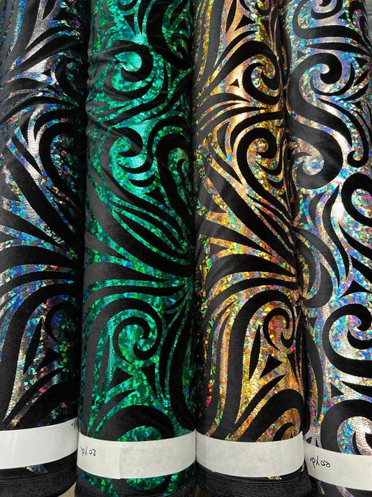 New swirl pattern design print on stretch velvet 4-way stretch 58/60”sold by the YD. Ships worldwide from Los Angeles California USA.