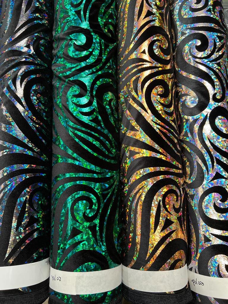 New swirl pattern design print on stretch velvet 4-way stretch 58/60”sold by the YD. Ships worldwide from Los Angeles California USA.