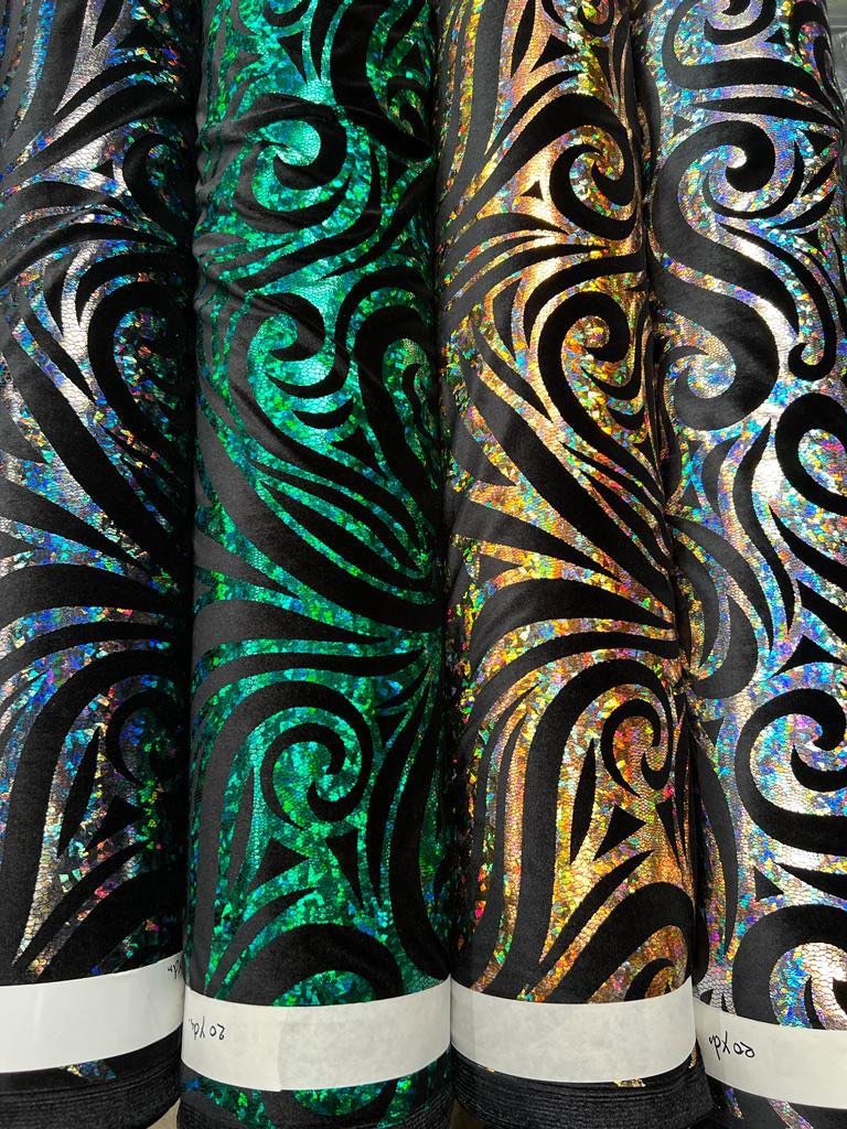 New swirl pattern design print on stretch velvet 4-way stretch 58/60”sold by the YD. Ships worldwide from Los Angeles California USA.