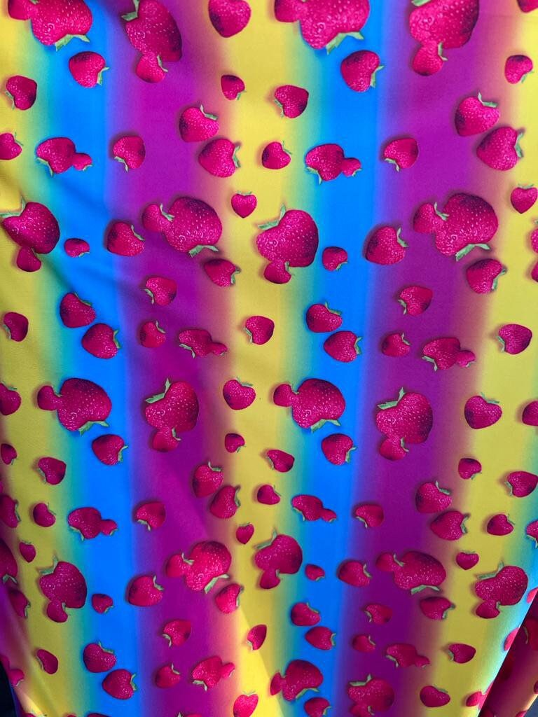 Rainbow and strawberry design print on the great quality of nylon spandex 4-stretch 58/60”sold by the YD.ships worldwide from Los Angeles CA