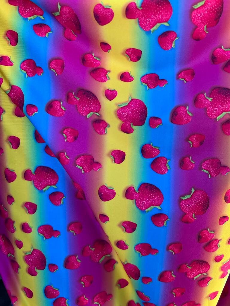 Rainbow and strawberry design print on the great quality of nylon spandex 4-stretch 58/60”sold by the YD.ships worldwide from Los Angeles CA