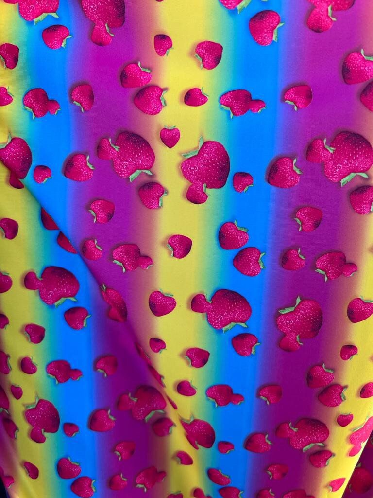 Rainbow and strawberry design print on the great quality of nylon spandex 4-stretch 58/60”sold by the YD.ships worldwide from Los Angeles CA