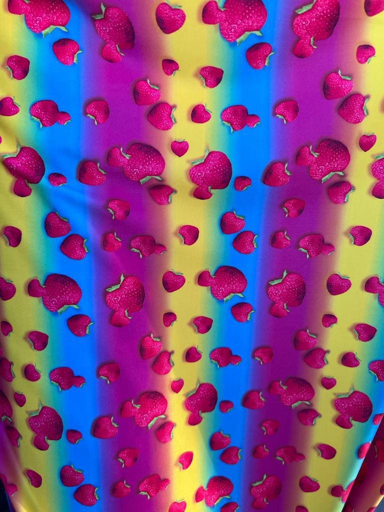 Rainbow and strawberry design print on the great quality of nylon spandex 4-stretch 58/60”sold by the YD.ships worldwide from Los Angeles CA